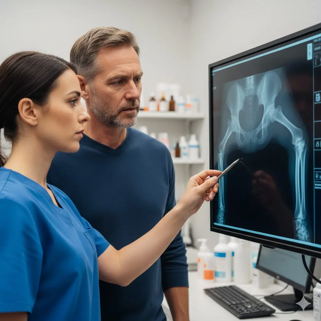 veterinario mostrando cadera de perro con displasia