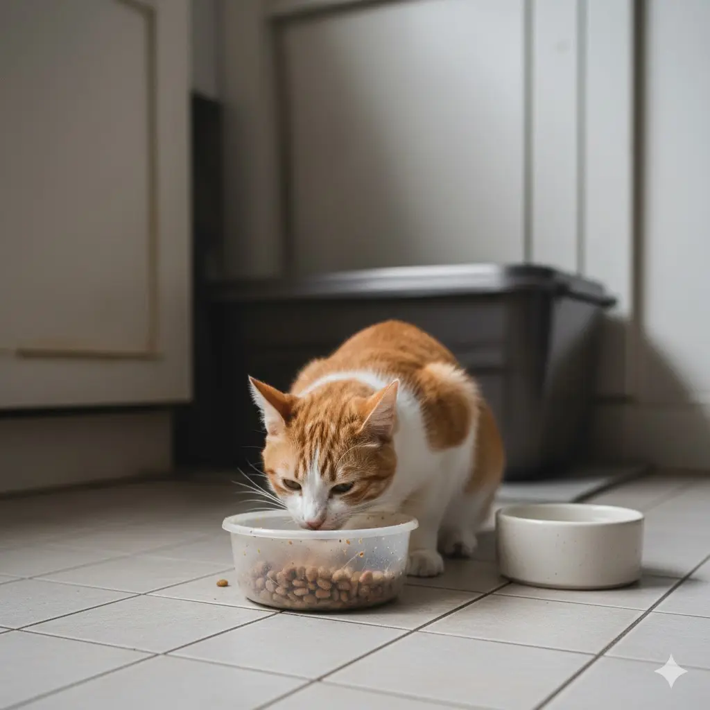 gato con acné comiendo