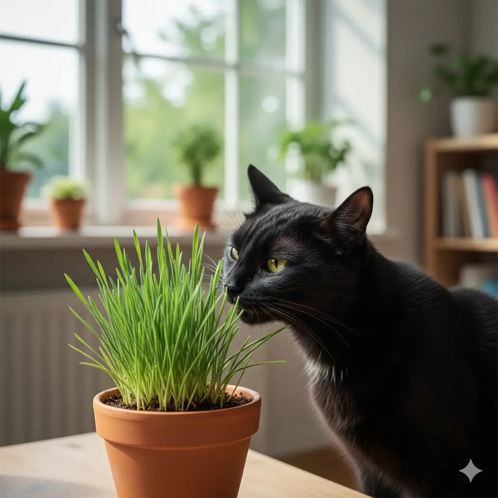 gato oliendo una planta de hierba gatera fresca